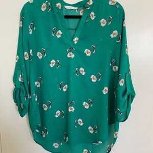 Lush Green-Teal Floral Blouse 3/4 sleeve size L